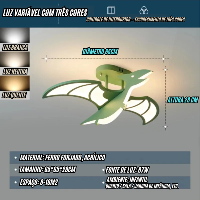 Luminária Premium de teto com desenho de Dragão verde para quarto de crianças