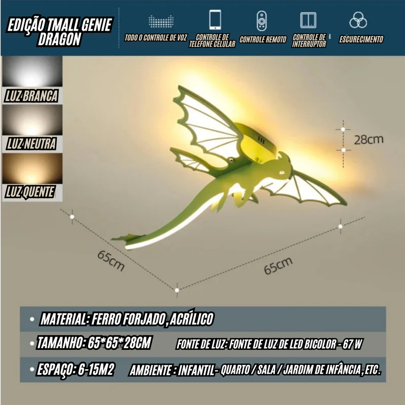 Luminária Premium de teto com desenho de Dragão verde para quarto de crianças