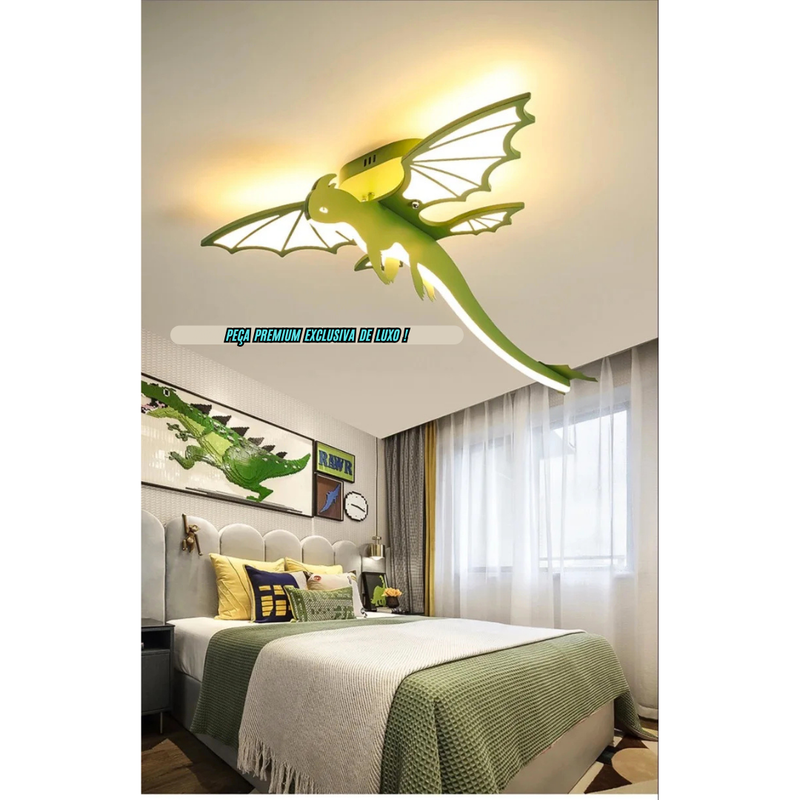 Luminária Premium de teto com desenho de Dragão verde para quarto de crianças
