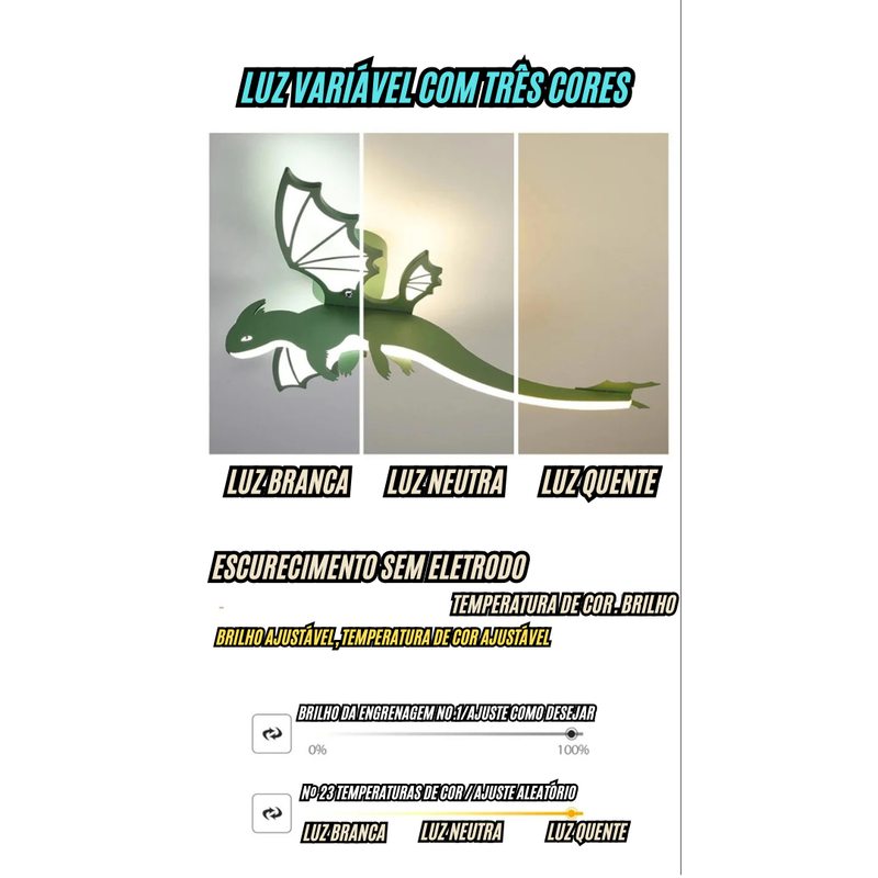 Luminária Premium de teto com desenho de Dragão verde para quarto de crianças