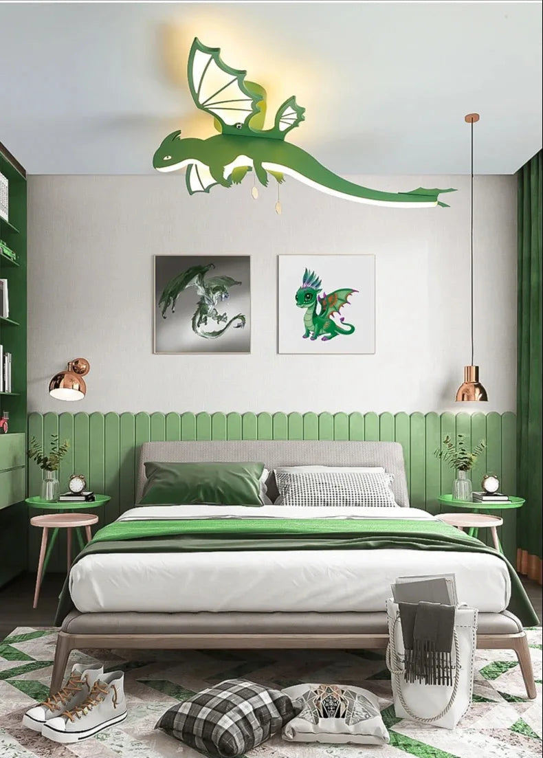 Luminária Premium de teto com desenho de Dragão verde para quarto de crianças