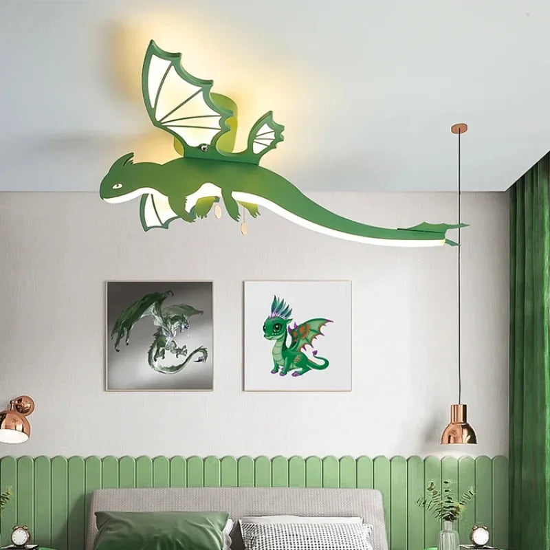 Luminária Premium de teto com desenho de Dragão verde para quarto de crianças